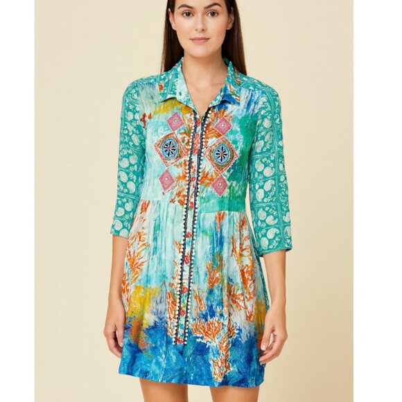 Antica Sartoria Dress Womens Small Embroidered Boho Button Down - Picture 1 of 6